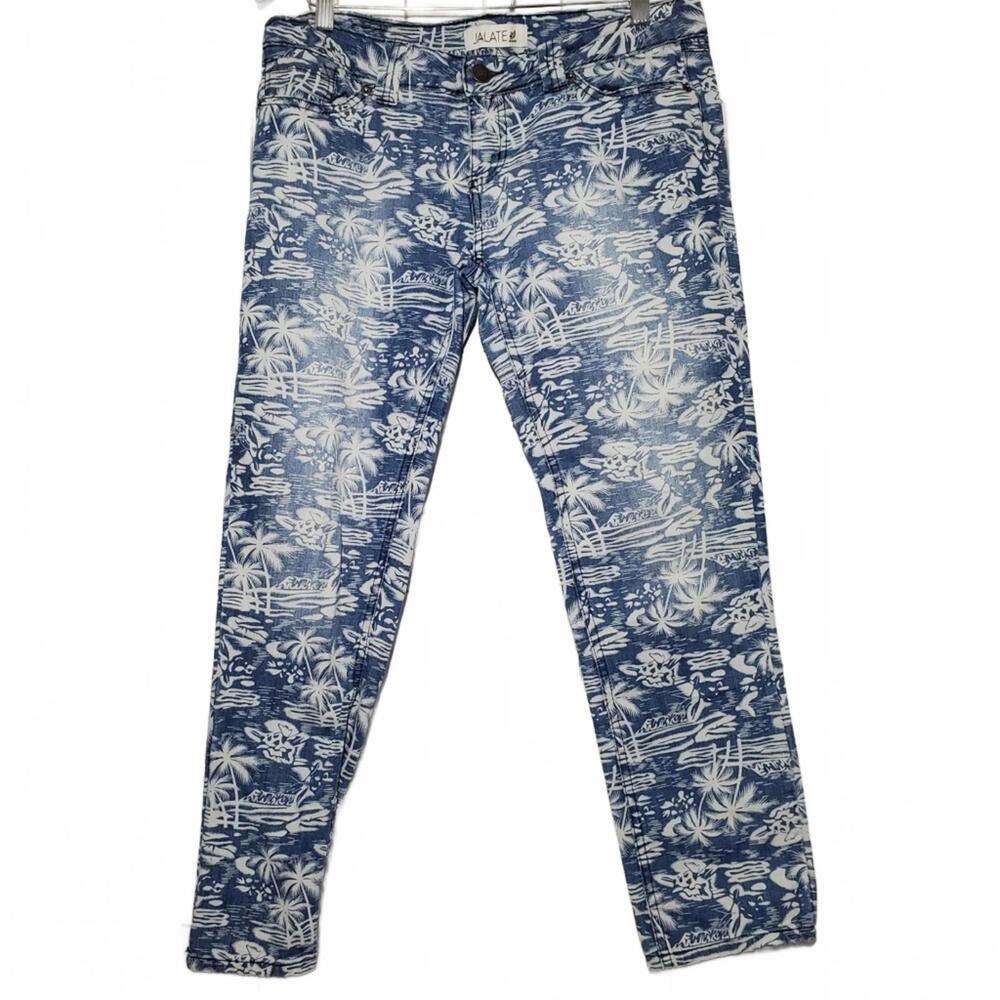 JALATE Jeans Medium Blue White Acid Washed Straight Slim Leg Palm Print